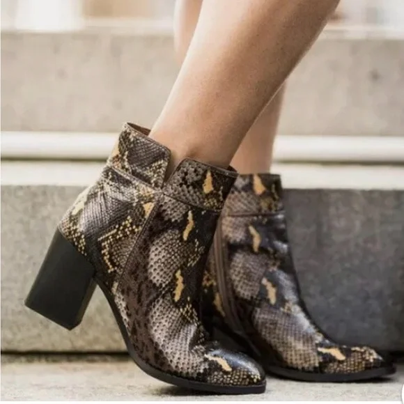 Franco Sarto leather snake print block heel ankle boots/ booties. Square toe. 10 - Picture 2 of 14